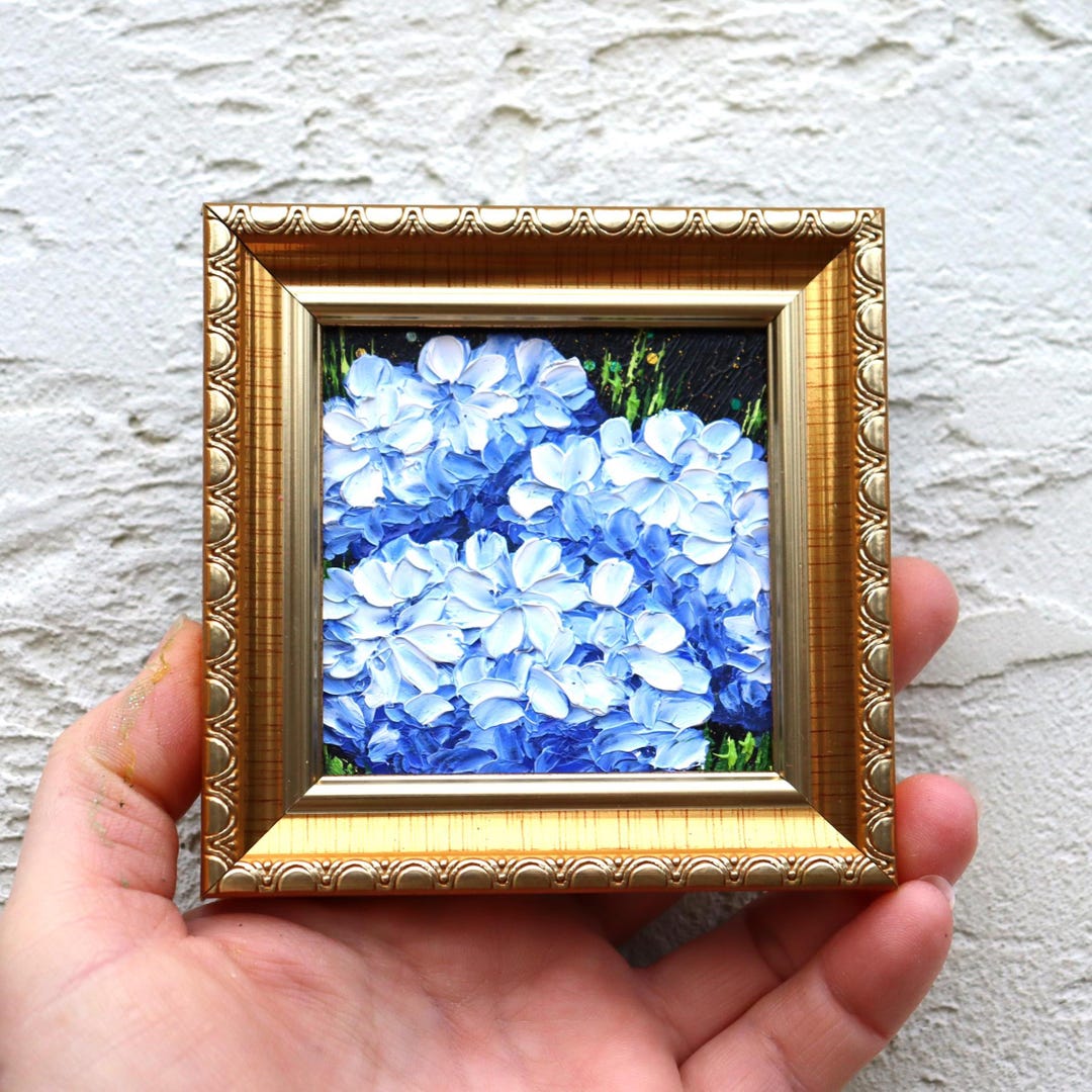 Hydrangea Oil Painting Blue Flowers Original Art Miniature Artwork ...