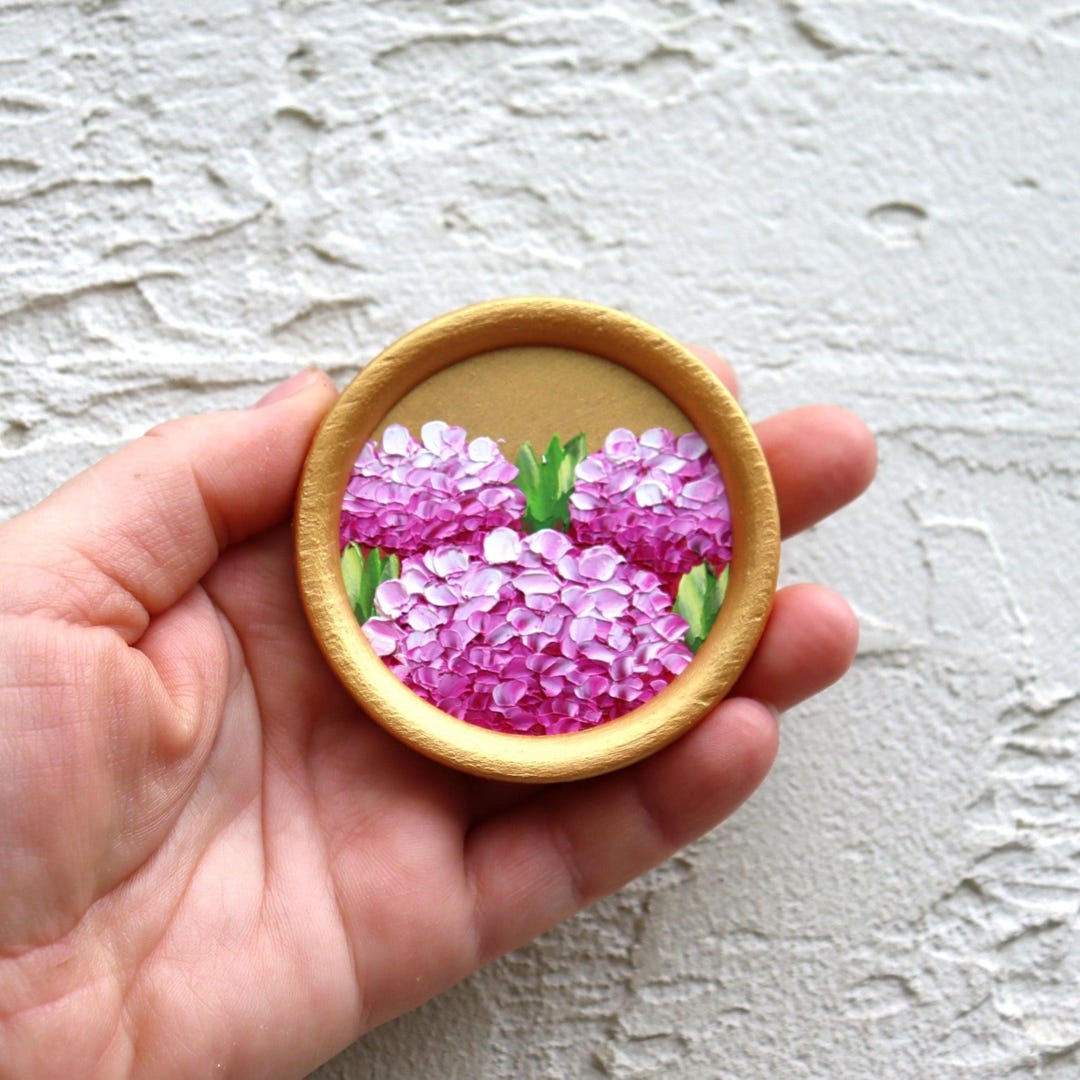 Hydrangea Oil Painting Pink Flowers Original Art Miniature Round ...