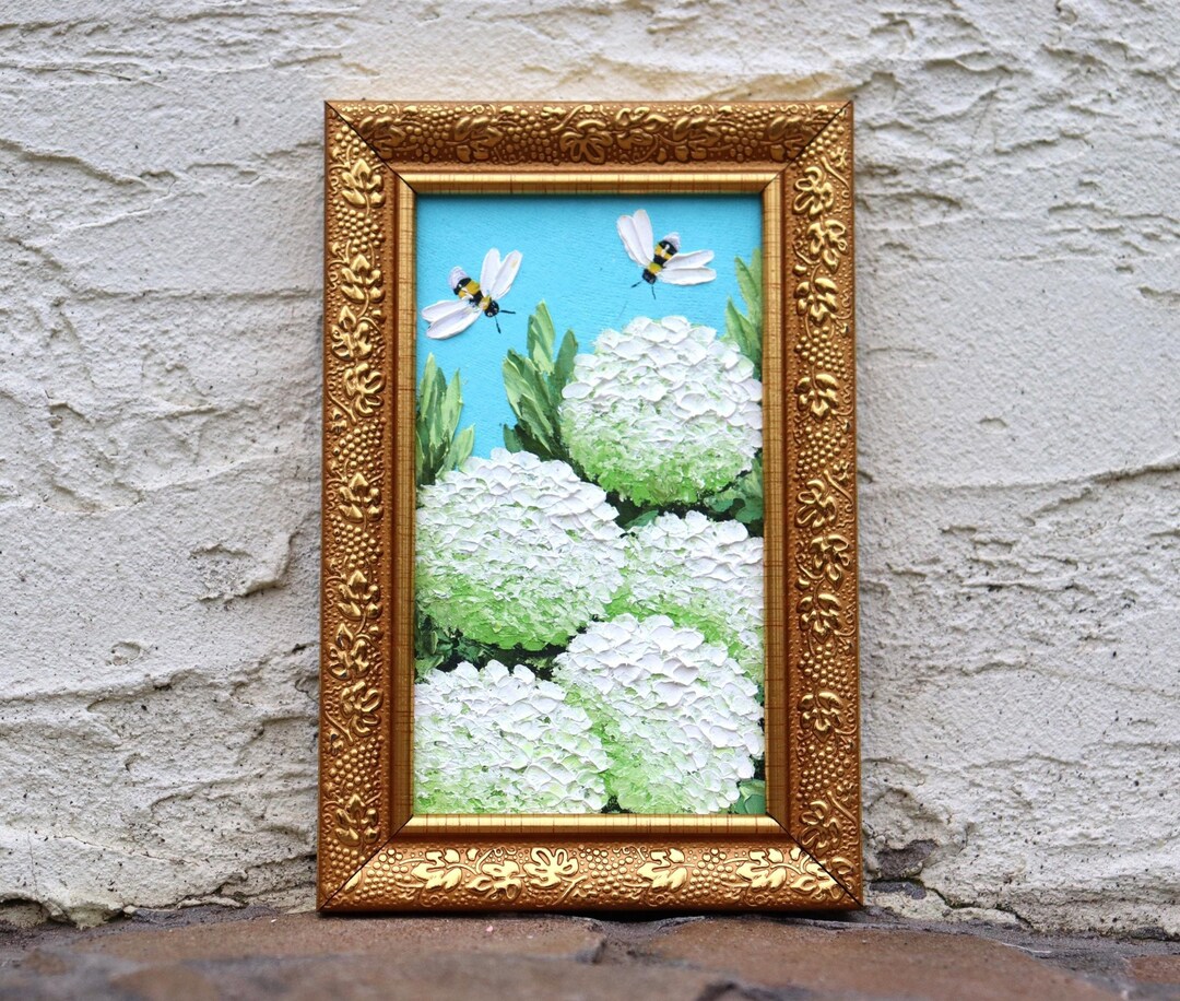 Bee & Hydrangea Miniature Oil Painting Original Impasto Floral Art ...