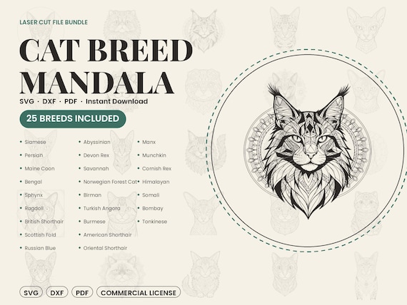Cat Breed Svg Bundle, 25 Geometric Mandala Designs in SVG, DXF, PDF