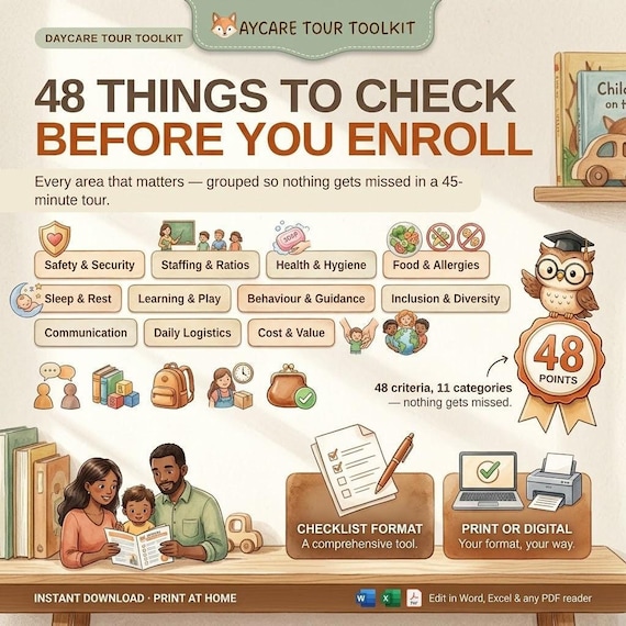 Daycare Tour Checklist, 48-Criteria Parent Guide and Editable Comparison Tracker