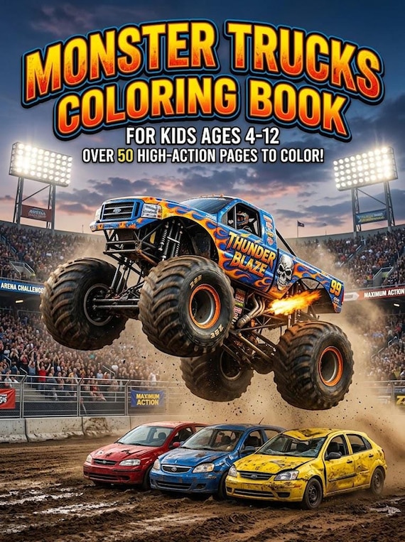 Monster Truck Book Coloring Pages, 20-Page Kids PDF Instant Download