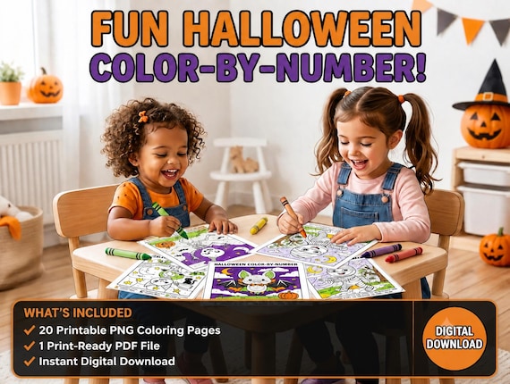 Kids Halloween Color by Number Pages – 20 Printable Sheets (Digital Download)