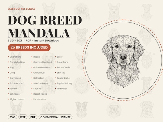 25 Dog Breed Mandala SVG Bundle, DXF, PDF Files (Commercial License)