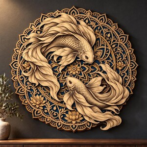 Lotus Mandala Koi Laser Cut Files, 12 Layer SVG and Engraving PNG