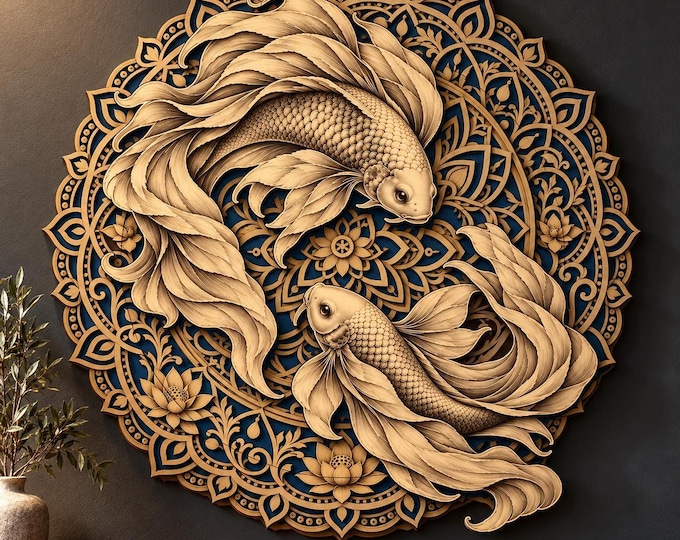 Featured listing image: Lotus Koi Mandala Laser Cut Files, 12-Layer SVG, DXF and Engraving PNG