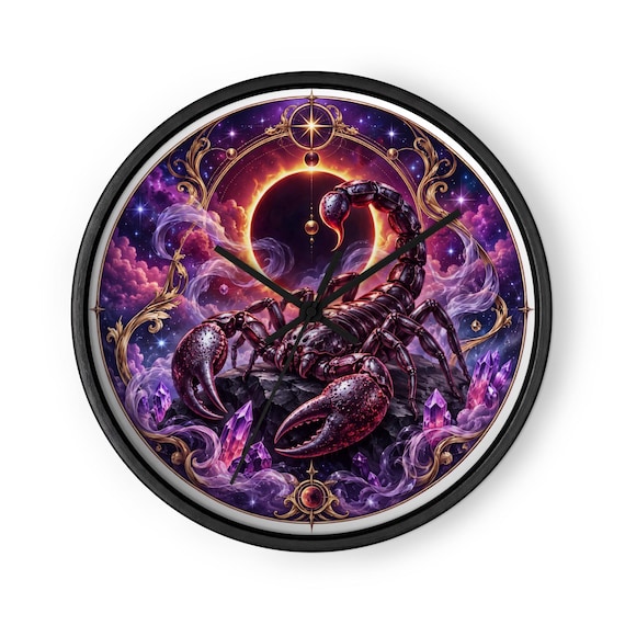 Scorpio Zodiac Wall Clock, 10" Square Wood Frame, Silent Mechanism (Plexiglass)