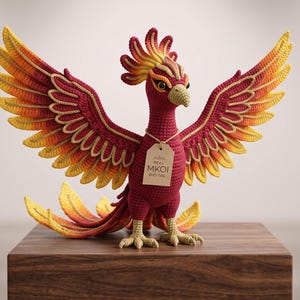 May include: A crocheted phoenix figurine featuring a deep red body with wings and a tail transitioning from red to orange and yellow. The bird has a crest on its head and a tan tag around its neck with the text REAL MKOI DIGITAL printed on it.