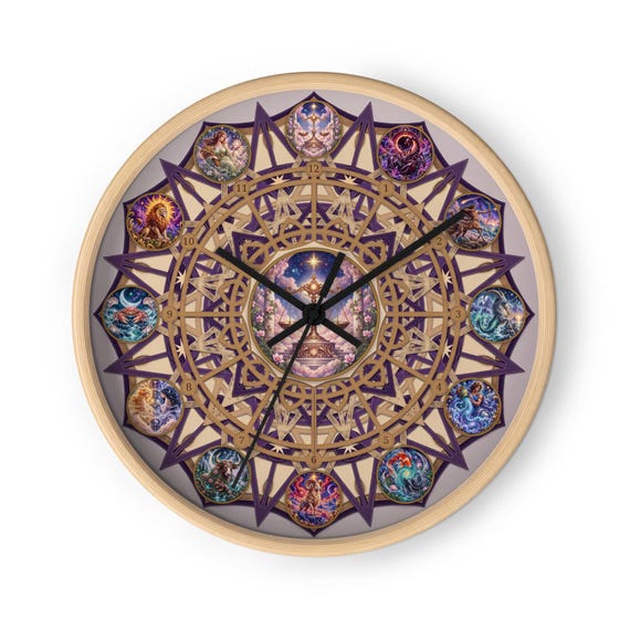 Libra Zodiac Wall Clock, Modern Wooden Frame, Silent Mechanism (10x10 Inch)