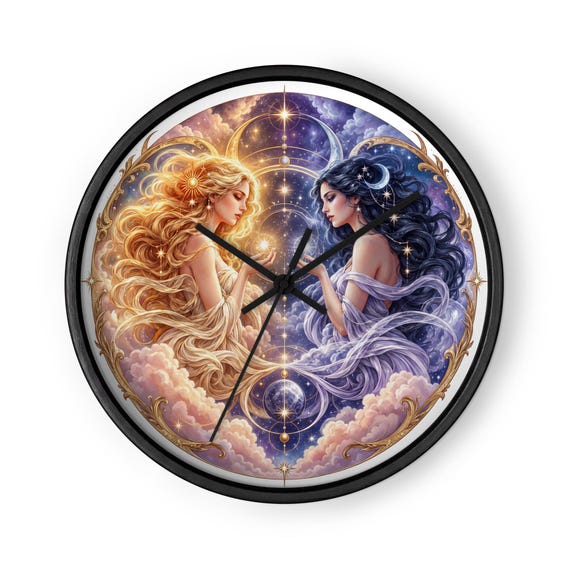 Gemini Zodiac Wall Clock, Celestial Art, Silent Wooden Frame, 10-inch Square Decor