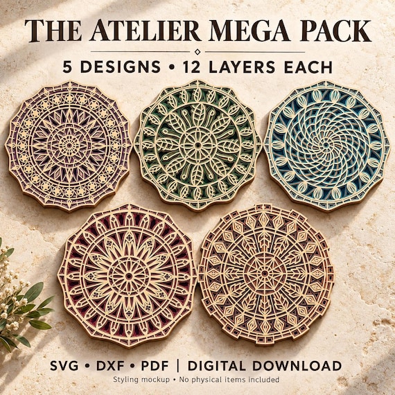 3D Mandala SVG Mega Pack, 5 Designs, 12 Layers Each (Digital Download)
