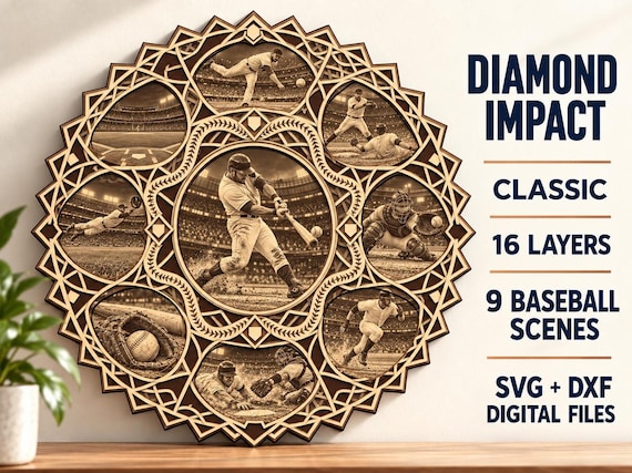 Baseball Laser File, 16-Layer Mandala SVG and DXF Cutting Design