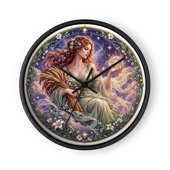 Virgo Zodiac Wall Clock | Modern Wooden Frame, Silent Mechanism (10 Inch Square)