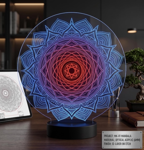 3D Illusion Mandala Night Light, Edge-Lit Acrylic Laser Cut File (SVG)