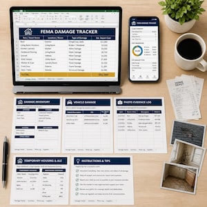 May include: A FEMA Damage Tracker spreadsheet on a laptop screen, a smartphone displaying a damage summary app, and several printed forms labeled Damage Inventory, Vehicle Damage, Photo Evidence Log, Temporary Housing, and Instructions & Tips.