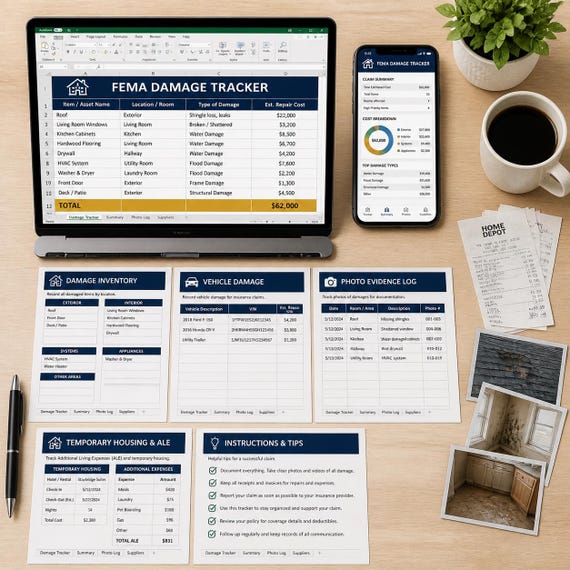 FEMA Natural Disaster Damage Tracker Spreadsheet | Auto-Calculating Claim Organizer (Digital Download)