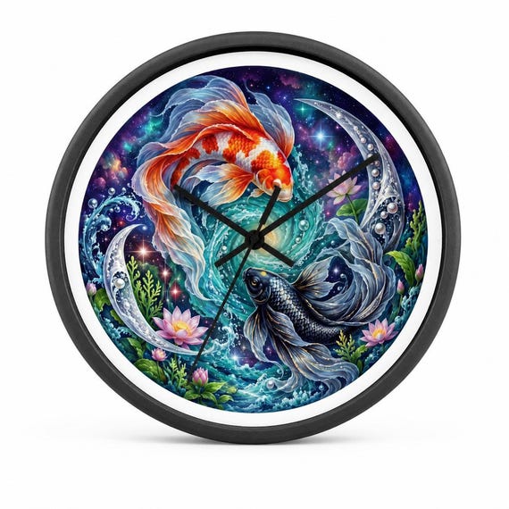 Zodiac Wall Clock With Pisces Koi Fish Art, 10-Inch Silent Wooden Frame