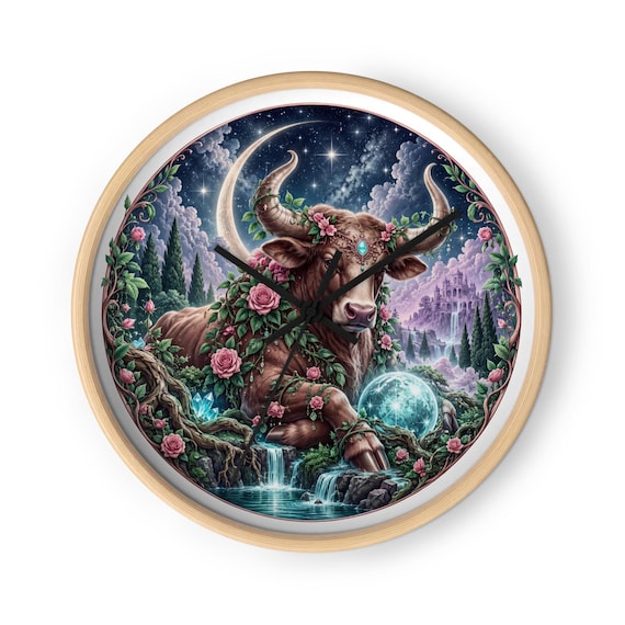 Taurus Astrology Wall Clock, 10 Inch Wood Frame with Silent Quartz Movement