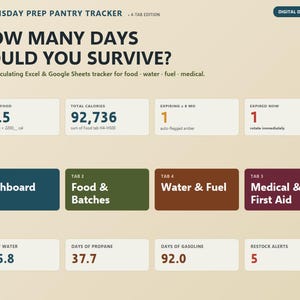 May include: A digital Doomsday Prep Pantry Tracker spreadsheet template with a beige background. The interface displays text including How Many Days Could You Survive, with sections for food, water, fuel, and medical supplies, plus four colored tabs.