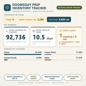 May include: A digital Doomsday Prep Inventory Tracker dashboard featuring sections for household settings, key numbers, and storage by category. It displays data for 4 people, 2,200 calories per person, and 92,736 total calories in storage.