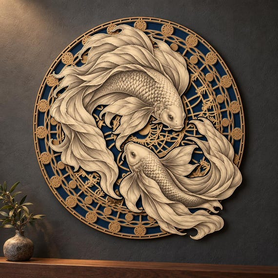 Koi Laser Cut Mandala Files, 12-Layer Yin Yang Wall Art, SVG and DXF