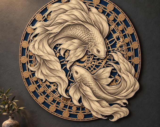 Featured listing image: Koi Laser Cut Mandala Files, 12-Layer Yin Yang Wall Art, SVG and DXF
