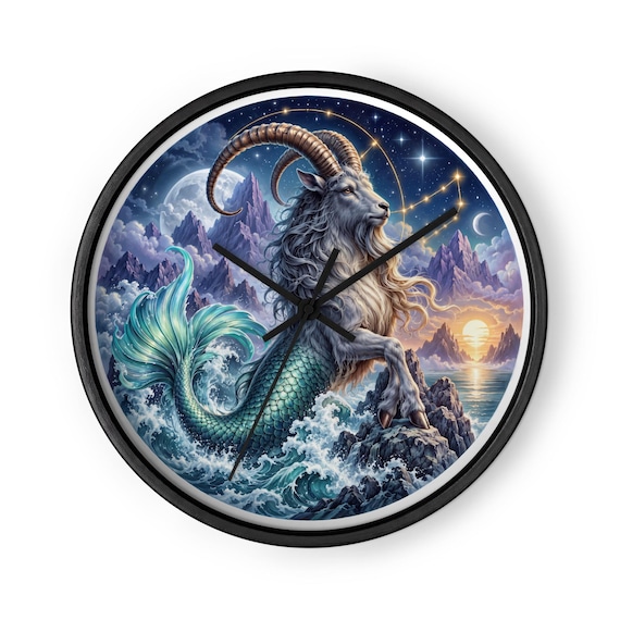 Capricorn Zodiac Wall Clock, Mountain Sea Art, Silent Mechanism (10" Square)