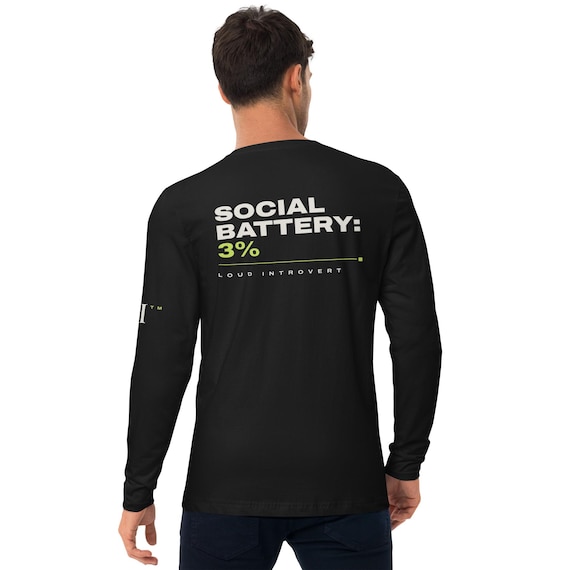 Fitted Crew Shirt, Black 100% Cotton Long Sleeve With Social Battery Print