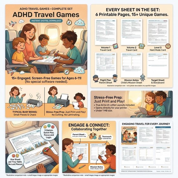 ADHD Travel Games Bundle | 15 Screen-Free Airplane Activities (Digital Download)