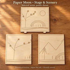 May include: Three square light-colored wooden panels featuring laser-engraved line art designs. The panels display scenes with flowers, a sun, a bridge, and mountains. Text at the top reads Paper Moon Stage & Scenery.