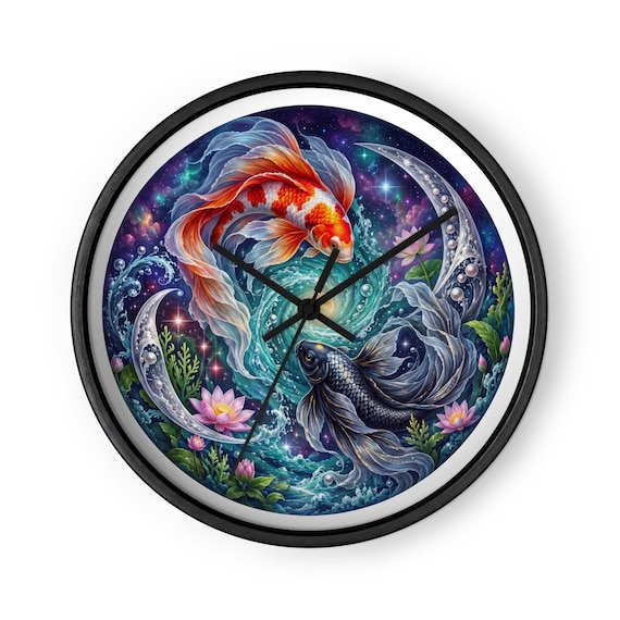 Pisces Wood Wall Clock, Fish Design, Silent Movement, 10 Inch Square Art Decor