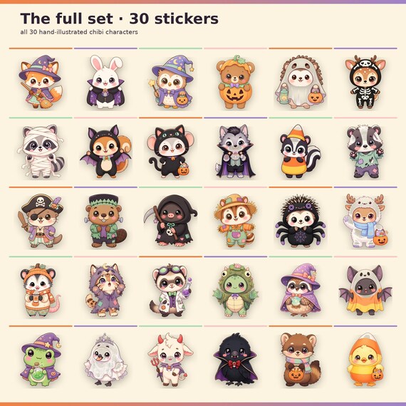 30 Kawaii Chibi Forest Animals Halloween Stickers (PNG Digital Download)