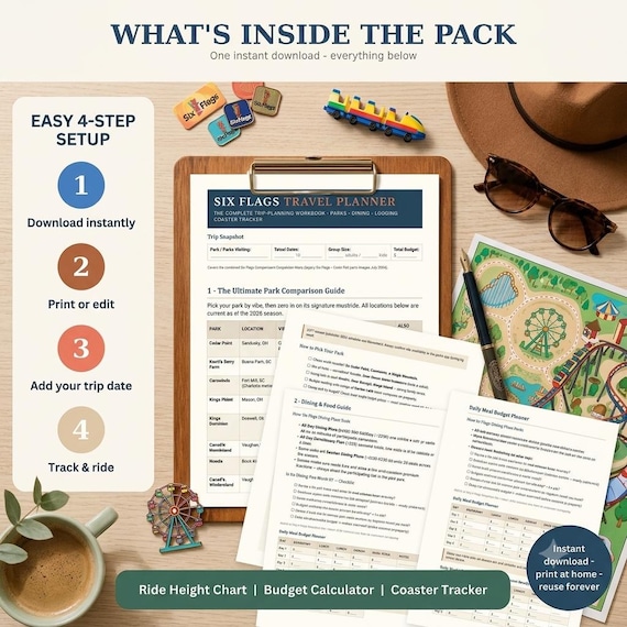 Six Flags Vacation Planner: Coaster Tracker, Budget, Lodging (Digital Download)
