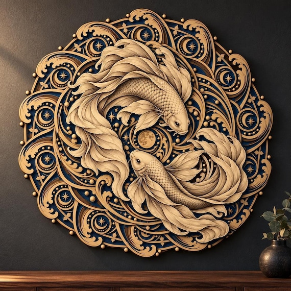 Koi Mandala SVG, 12 Layer Cut Files with Engraving and DXF