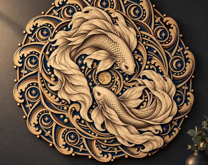 Featured listing image: Celestial Koi Mandala SVG and DXF, 12-Layer Moon and Wave Laser Cut Files