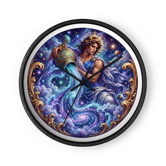 Aquarius Zodiac Wall Clock, 10-inch Square, Silent Mechanism, Wood Frame, Celestial Decor