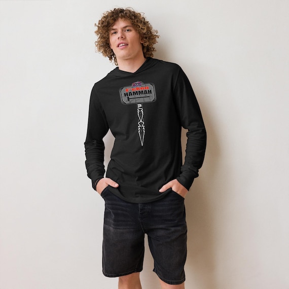 MKOI Hawaiian Street Wear Hooded Long Sleeve Tee, Sign-and-Arrow Graphic (Lightweight Cotton Blend)