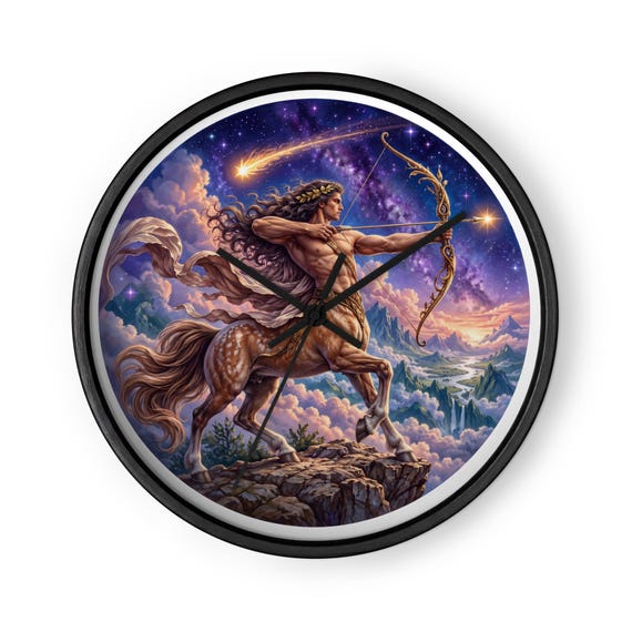 Sagittarius Archer Wall Clock, Celestial Zodiac Art, Silent Movement, 10 Inch Square (Wood Frame)