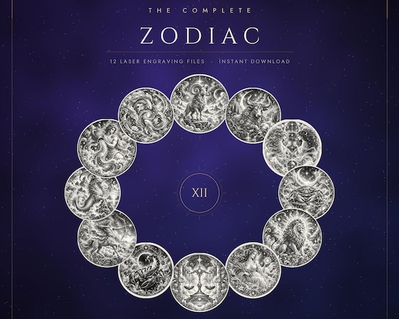 Zodiac Engraving PNG Files, 12 Signs for Glowforge and LightBurn