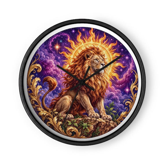 Leo Lion Wall Clock, Modern Wooden Frame, Silent Movement, 10-inch Square Art Decor