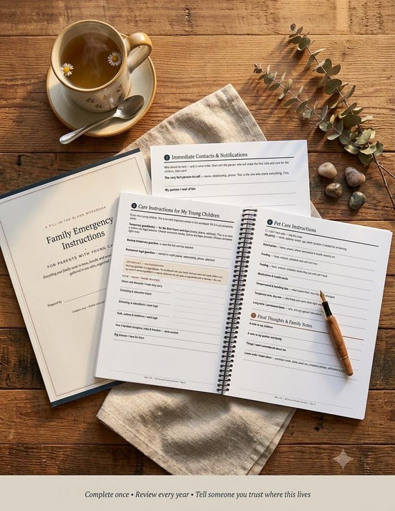 Family Emergency Instructions Workbook Care Plan for Parents (Digital Download)