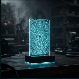 Puede incluir: Un panel de luz acrílico rectangular con un patrón circular cian brillante de anillos concéntricos y puntos en forma de estrella. El panel está montado sobre una base rectangular negra que emite una luz cian suave desde su borde.