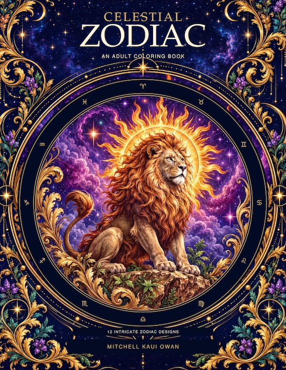 Zodiac Coloring Book, 12 Celestial Designs in Printable PDF and PNG