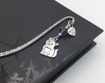 Silver Cat Bookmark with Kitty & Heart Charms and Purple Crystal Bead - Handmade Gift for Cat Lover, Cat Parent, Cat Mom, Cat Dad