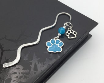 Silver Dog/Cat Bookmark with Blue Paw Charm & Jade Bead - Handmade Gift for Pet Lover, Pet Parent, Vet Tech, Groomer, Cat Mom, Dog Mom