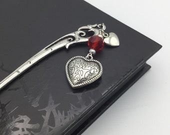 Silver Love Bookmark with Heart Charms & Red Crystal Bead - Handmade Gift for Girlfriend, Wife, Valentine's Day, Anniversary
