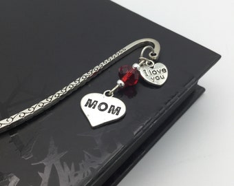 Silver Mom Bookmark with "I Love You Mom" Heart Charms & Red Crystal Bead - Handmade Gift for Mother, Mom, Mum, Mama, Mother's Day