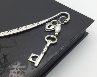 Silver Key to My Heart Bookmark with Heart Lock & Key Charms and Glass Pearl Bead - Handmade Gift for Bookworm, Book Lover, Reader, Teacher
