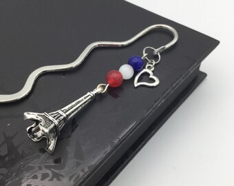 Silver Paris France Bookmark with Eiffel Tower & Heart Charms and Jade/Opal Beads - Handmade Gift for Book Lover, Reader, Teacher, Traveler