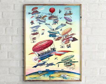 Opening of the Panama Canal with Air Balloons and Planes Vintage Poster, Retro Wall Art Print